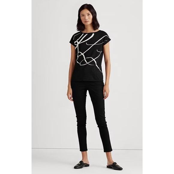 Lauren Ralph Lauren Black Label Boat Neck Short Sleeve Logo Script Shirt Large - Picture 5 of 7